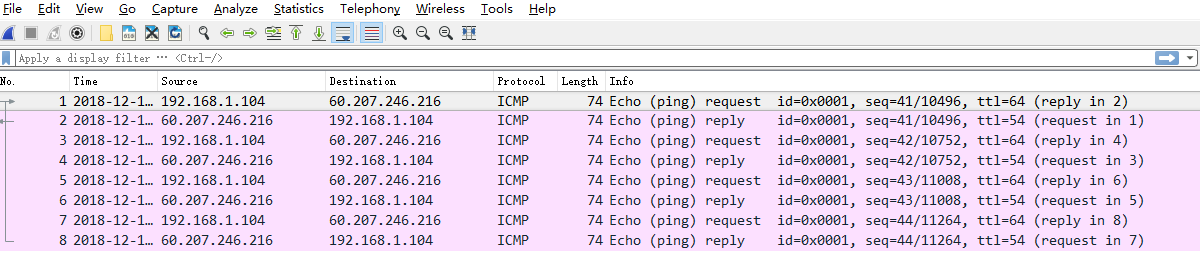 ip host 60.207.246.216 and icmp表示只捕获主机IP为60.207.246.216的ICMP数据包。获取结果如下：