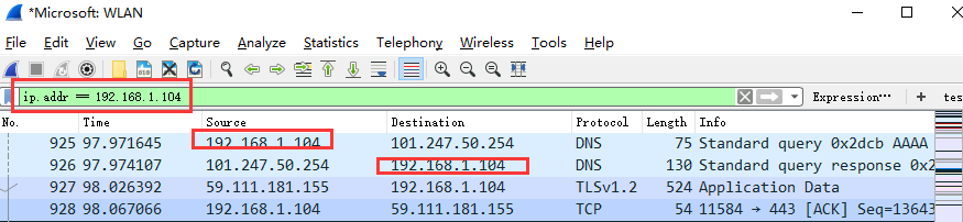 ip.addr == 192.168.1.104 显示源IP地址或目标IP地址为192.168.1.104的数据包列表