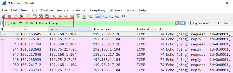 过滤多个条件组合时，使用and/or。比如获取IP地址为192.168.1.104的ICMP数据包表达式为ip.addr == 192.168.1.104 and icmp