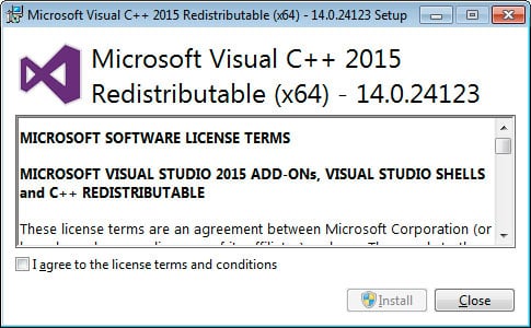 将显示 Microsoft Visual C++-2015 Redistributable 屏幕并要求您同意许可条款和条件。在“我同意”框中打勾，然后单击“安装”按钮。