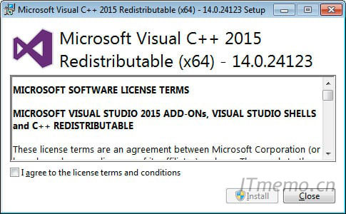将显示 Microsoft Visual C++-2015 Redistributable 屏幕并要求您同意许可条款和条件。在“我同意”框中打勾，然后单击“安装”按钮。